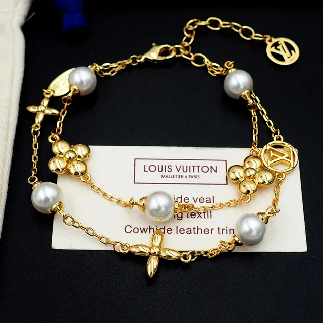 Louis Vuitton Gold White Double-Chain Pearl-Accented Bracelet 6