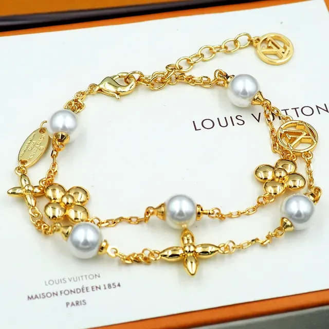Louis Vuitton Gold White Double-Chain Pearl-Accented Bracelet 8