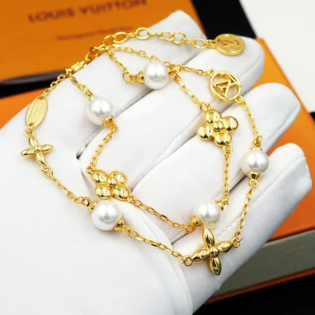 Louis Vuitton Gold White Double-Chain Pearl-Accented Bracelet 9