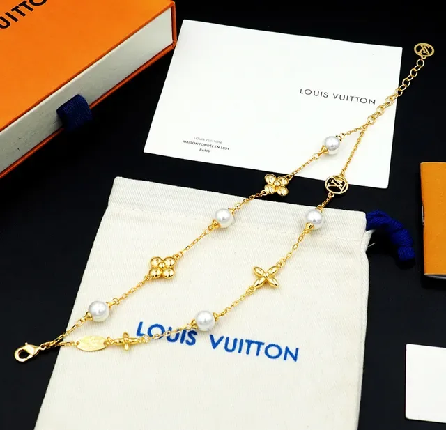 Louis Vuitton Gold White Double-Chain Pearl-Accented Bracelet 10