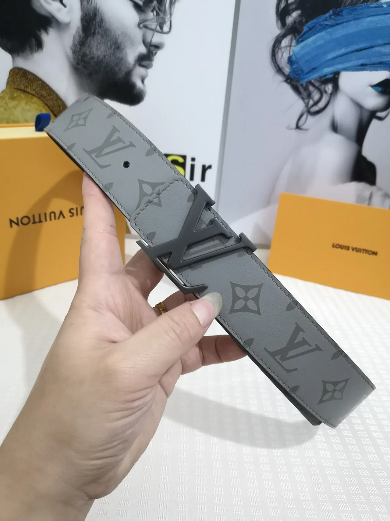 Louis Vuitton Gray Black Monogram-Printed Reversible Leather Belt 5