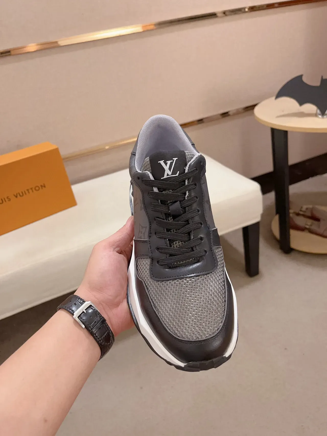 Louis Vuitton Gray White Monogrammed Leather Mesh Overlay Chunky Sneakers 2