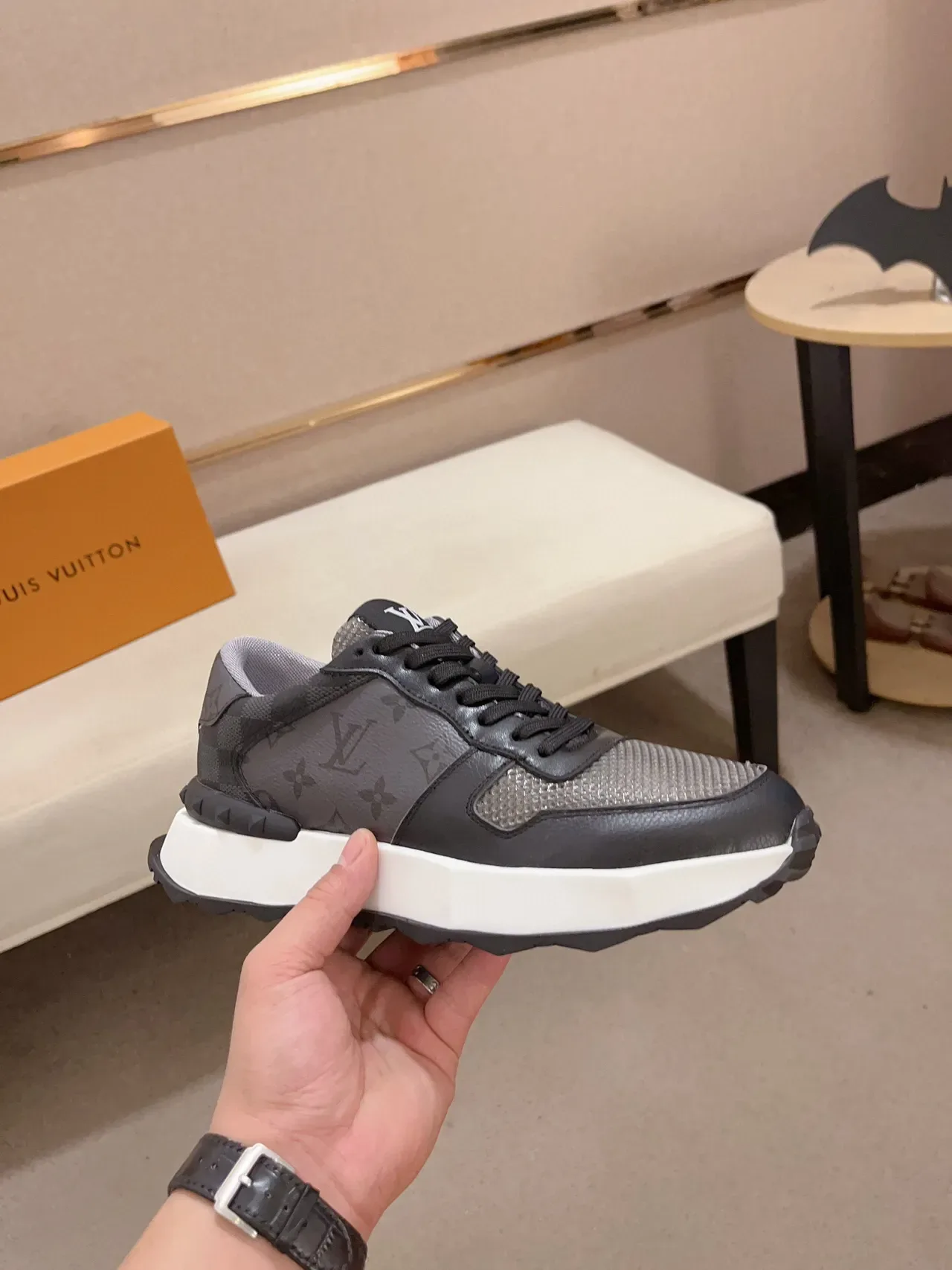 Louis Vuitton Gray White Monogrammed Leather Mesh Overlay Chunky Sneakers 4