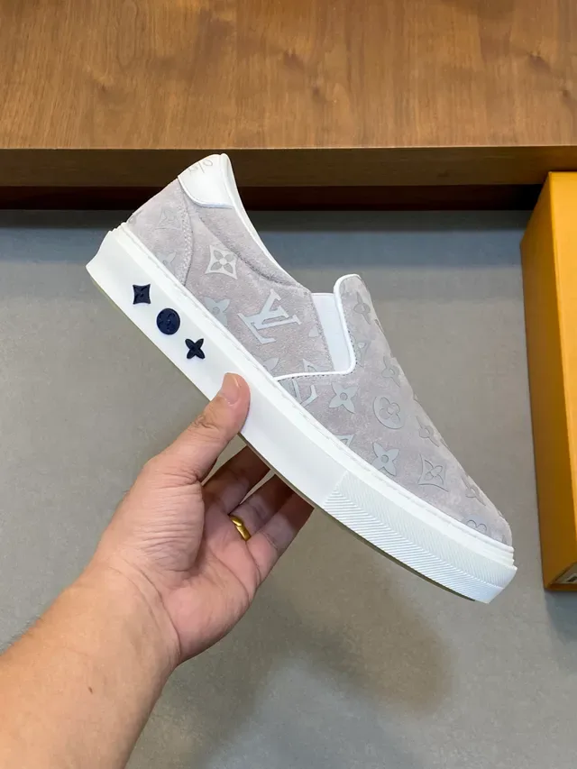 Louis Vuitton Gray White Slip-On Monogram-Printed Lifestyle Sneakers 5