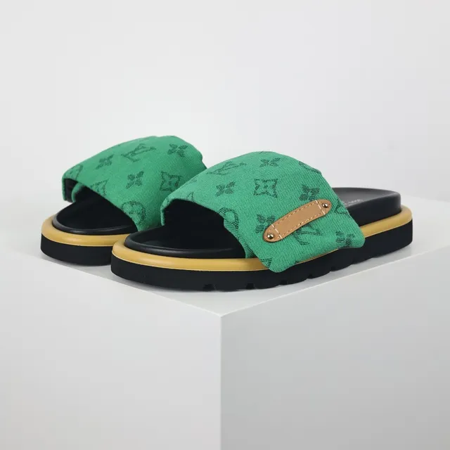 Louis Vuitton Green Black Monogram Canvas Strap Layered Platform Sole Slippers 2
