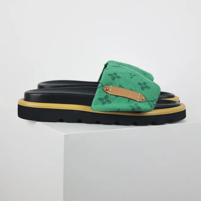Louis Vuitton Green Black Monogram Canvas Strap Layered Platform Sole Slippers 3