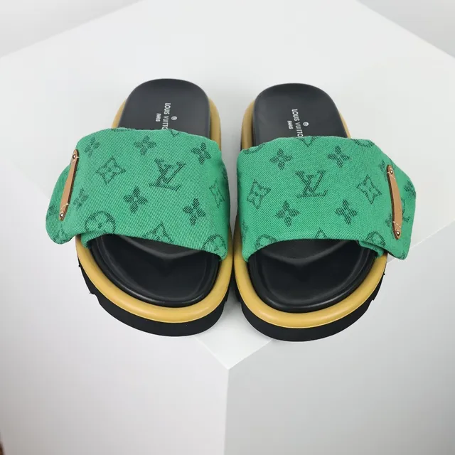 Louis Vuitton Green Black Monogram Canvas Strap Layered Platform Sole Slippers 8