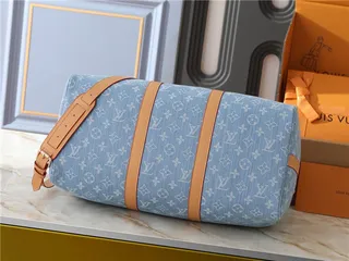 Louis Vuitton Keepall Bandoulière Denim Monogram Blue and Tan Duffle Bag 7