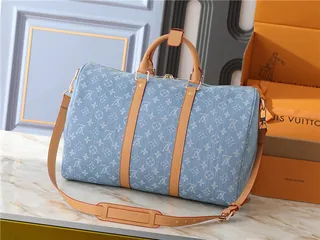 Louis Vuitton Keepall Bandoulière Denim Monogram Blue and Tan Duffle Bag 8