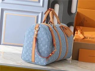 Louis Vuitton Keepall Bandoulière Denim Monogram Blue and Tan Duffle Bag 9