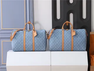Louis Vuitton Keepall Bandoulière Denim Monogram Blue and Tan Duffle Bag 10