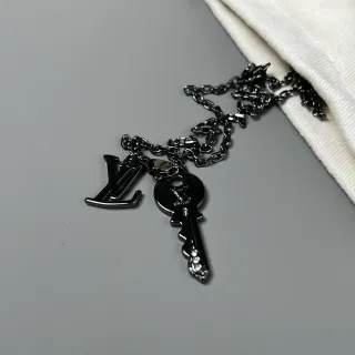 Louis Vuitton Key Pendant Necklace Black Silver Metal Chain LV Monogram Charm Necklace