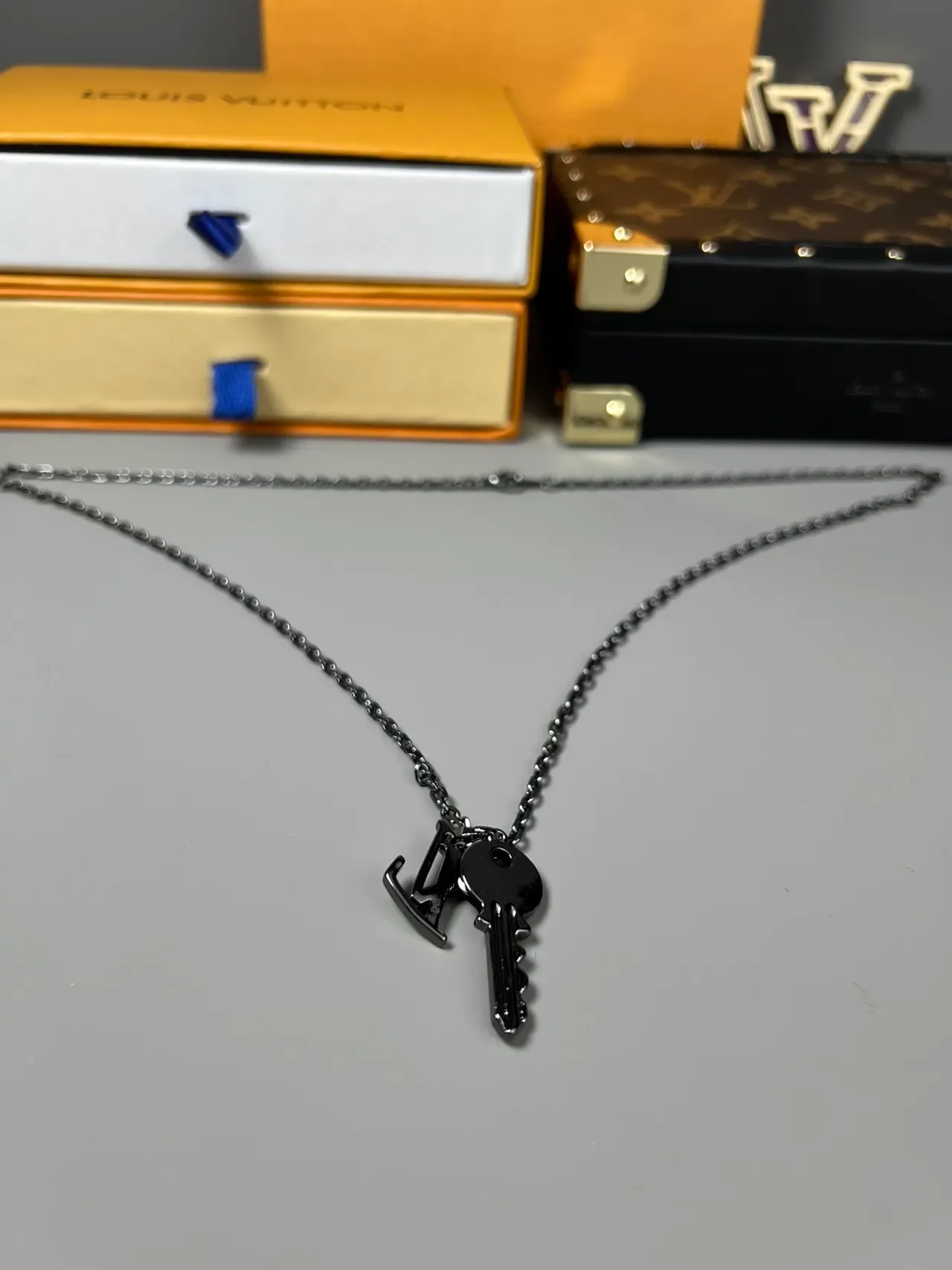 Louis Vuitton Key Pendant Necklace Black Silver Metal Chain LV Monogram Charm Necklace 2