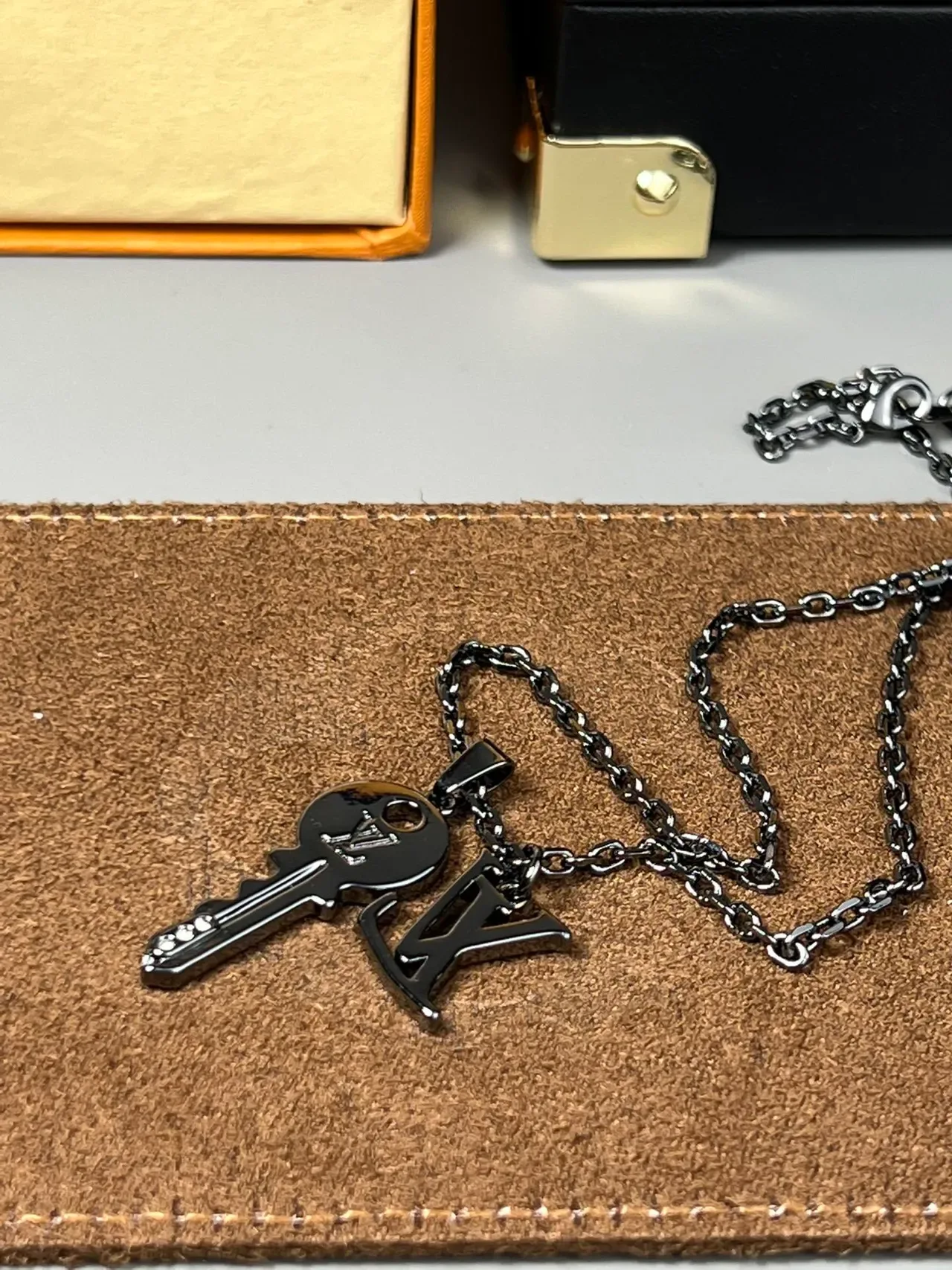 Louis Vuitton Key Pendant Necklace Black Silver Metal Chain LV Monogram Charm Necklace 3