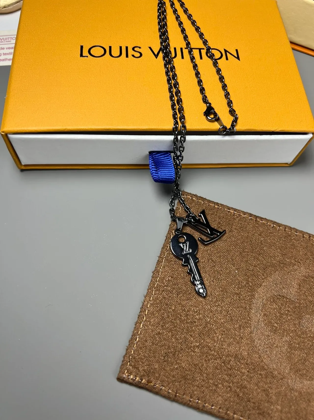 Louis Vuitton Key Pendant Necklace Black Silver Metal Chain LV Monogram Charm Necklace 4