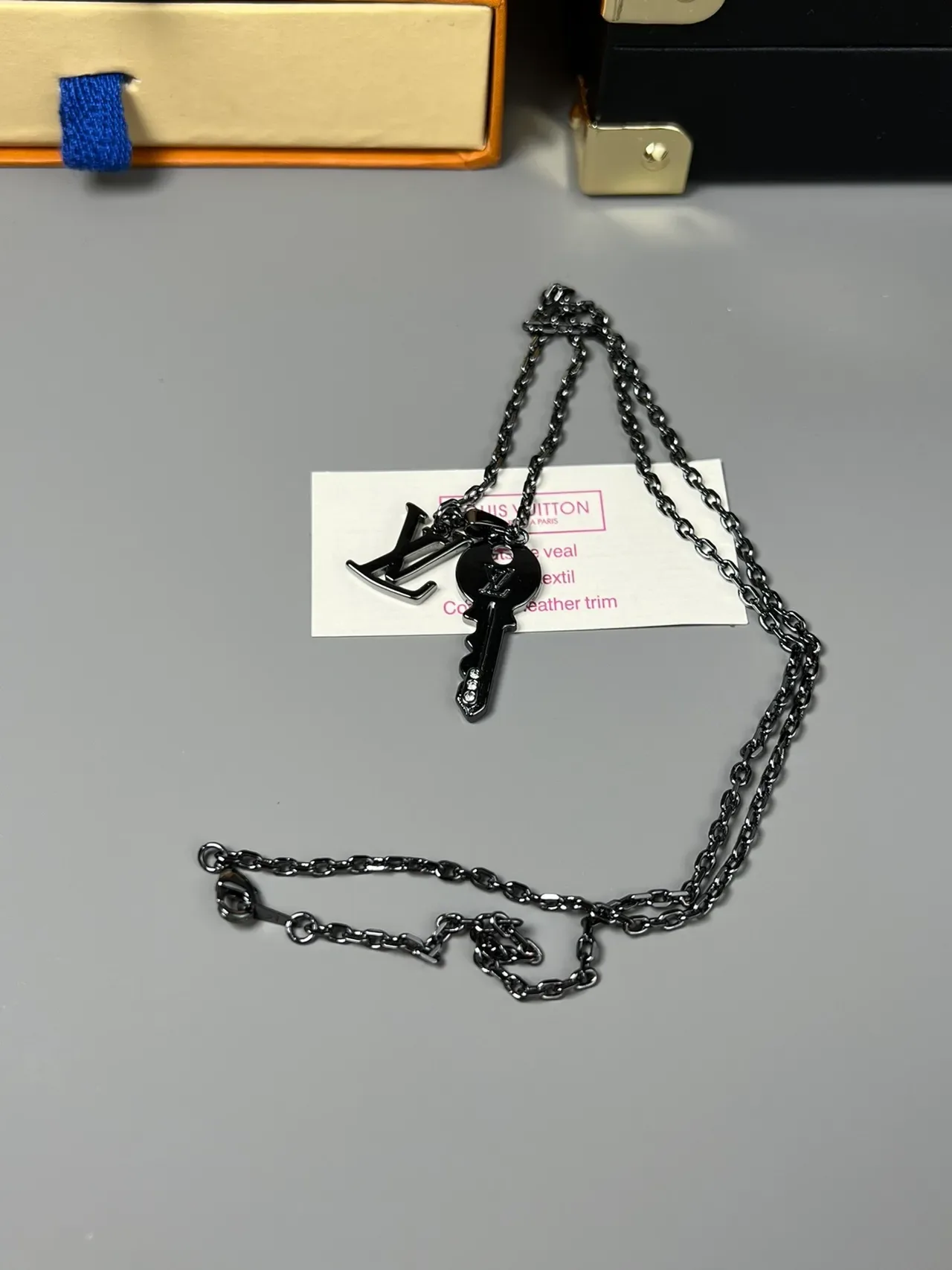 Louis Vuitton Key Pendant Necklace Black Silver Metal Chain LV Monogram Charm Necklace 5