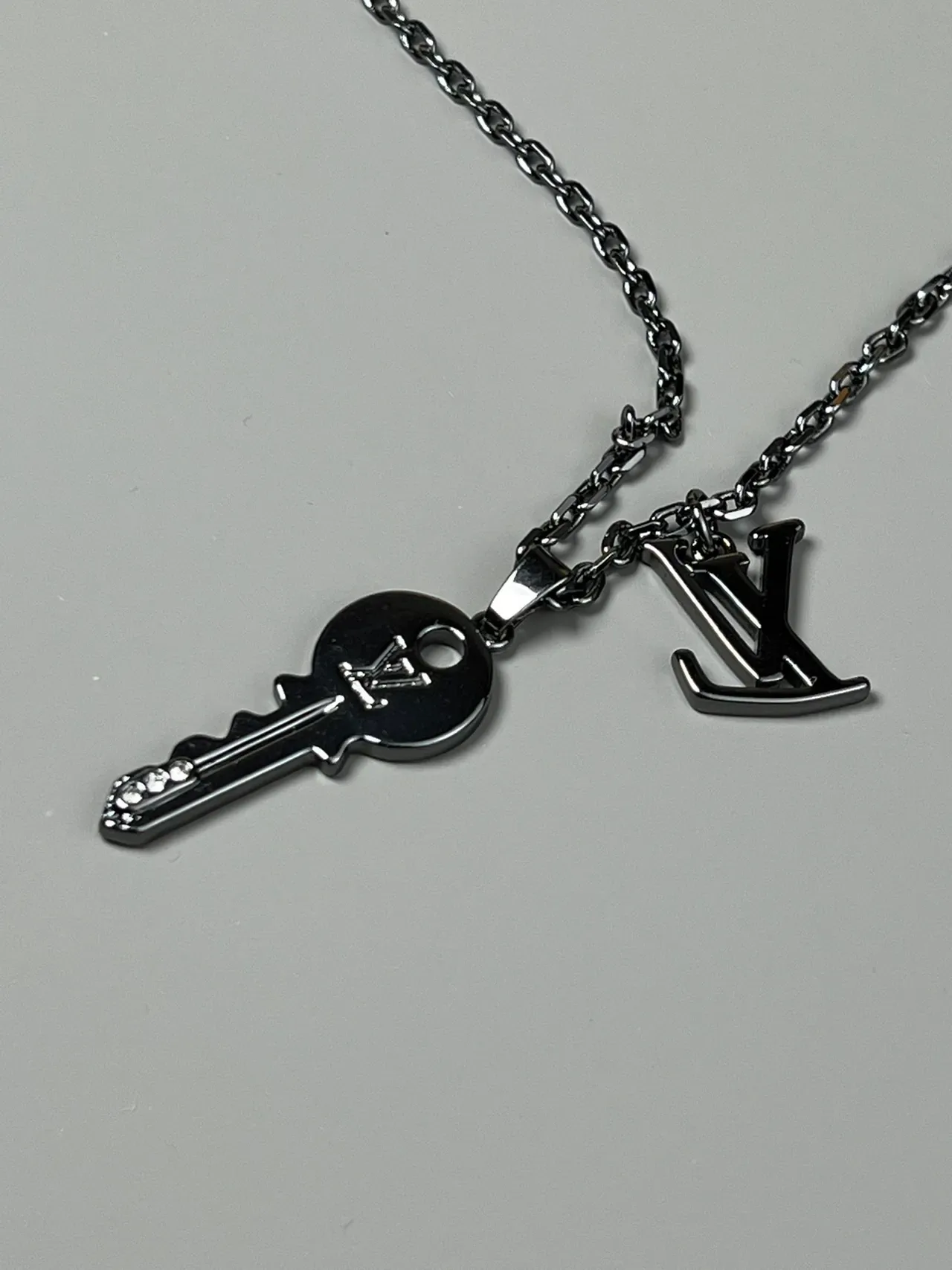Louis Vuitton Key Pendant Necklace Black Silver Metal Chain LV Monogram Charm Necklace 6