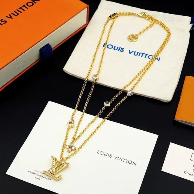Louis Vuitton Layered Gold-Tone Crystal LV Monogram Necklace 10