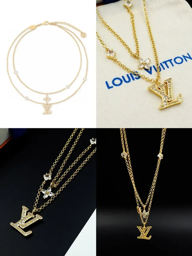 Louis Vuitton Layered Gold-Tone Crystal LV Monogram Necklace 13
