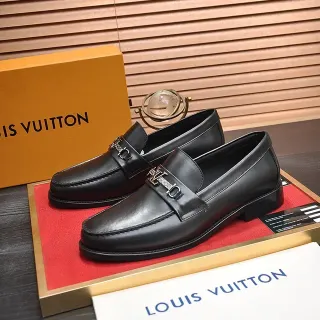 Louis Vuitton Loafer Black Gold Leather Metal LV Buckle Strap Loafer