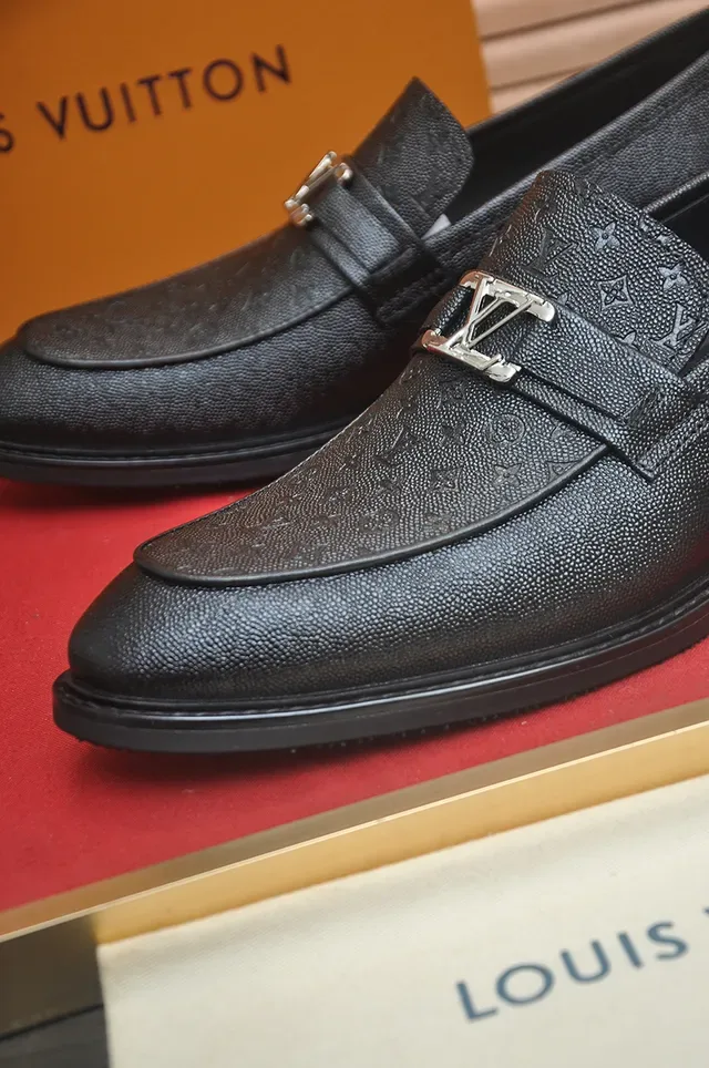 Louis Vuitton Loafer Black Gold Textured Monogram Leather Metal LV Buckle Strap Loafer 2