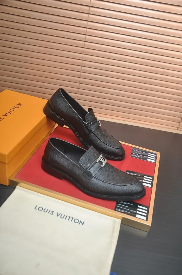Louis Vuitton Loafer Black Gold Textured Monogram Leather Metal LV Buckle Strap Loafer 4
