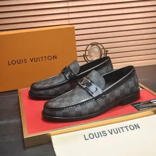 路易威登 乐福鞋 黑色灰色 Damier Monogram 皮革 专利鞋带 乐福鞋