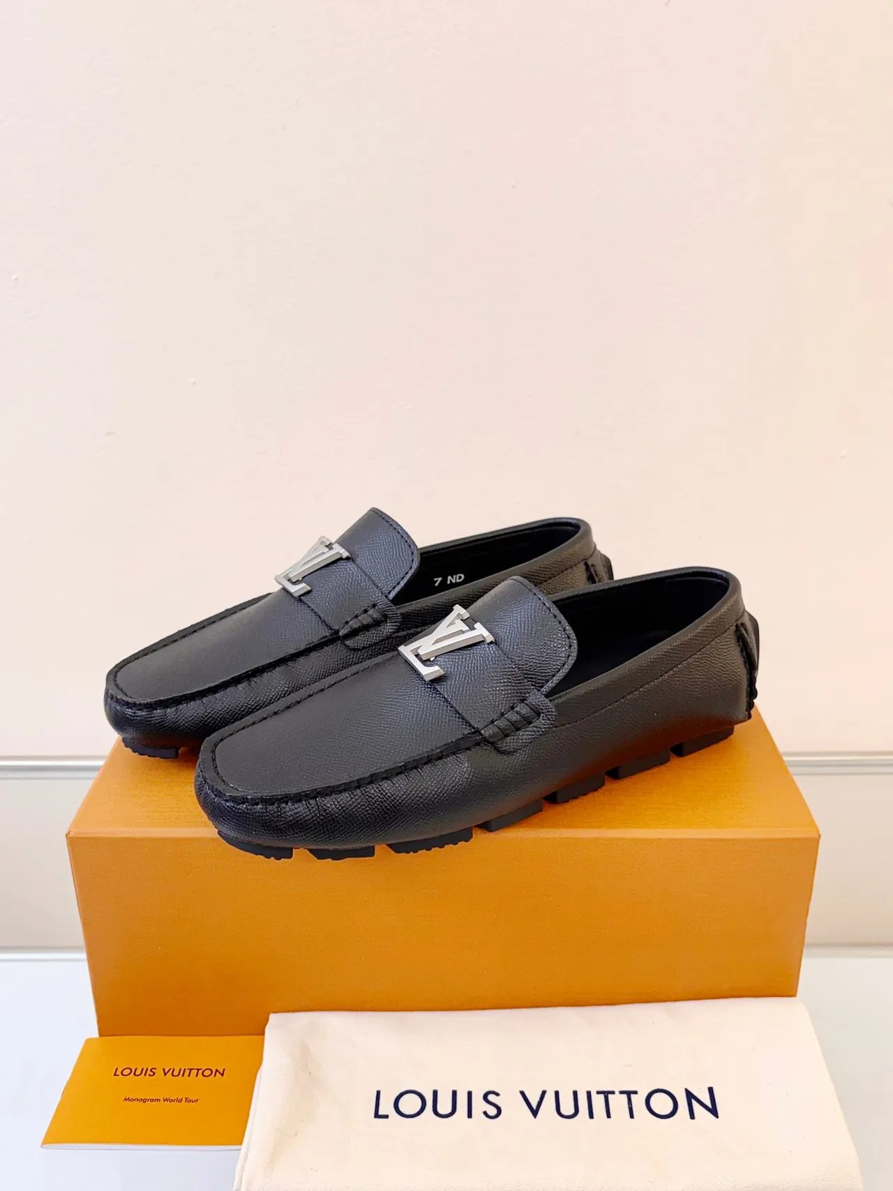 Louis Vuitton Loafer Black Silver Textured Leather Upper Metal LV Buckle Loafer 2