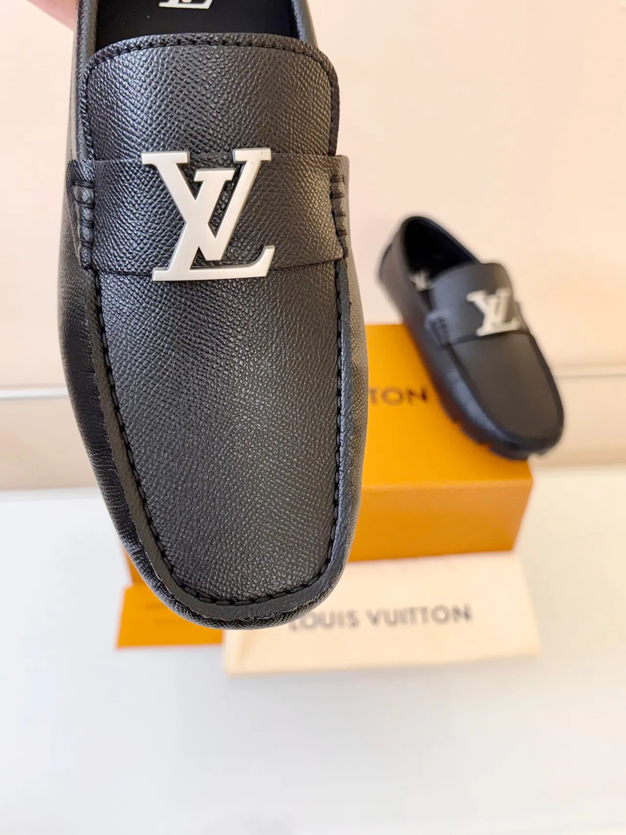 Louis Vuitton Loafer Black Silver Textured Leather Upper Metal LV Buckle Loafer 3