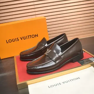 Louis Vuitton लोअफर भूरा काला पॉलिश्ड लेदर मेटल LV बकल स्ट्रैप लोअफर