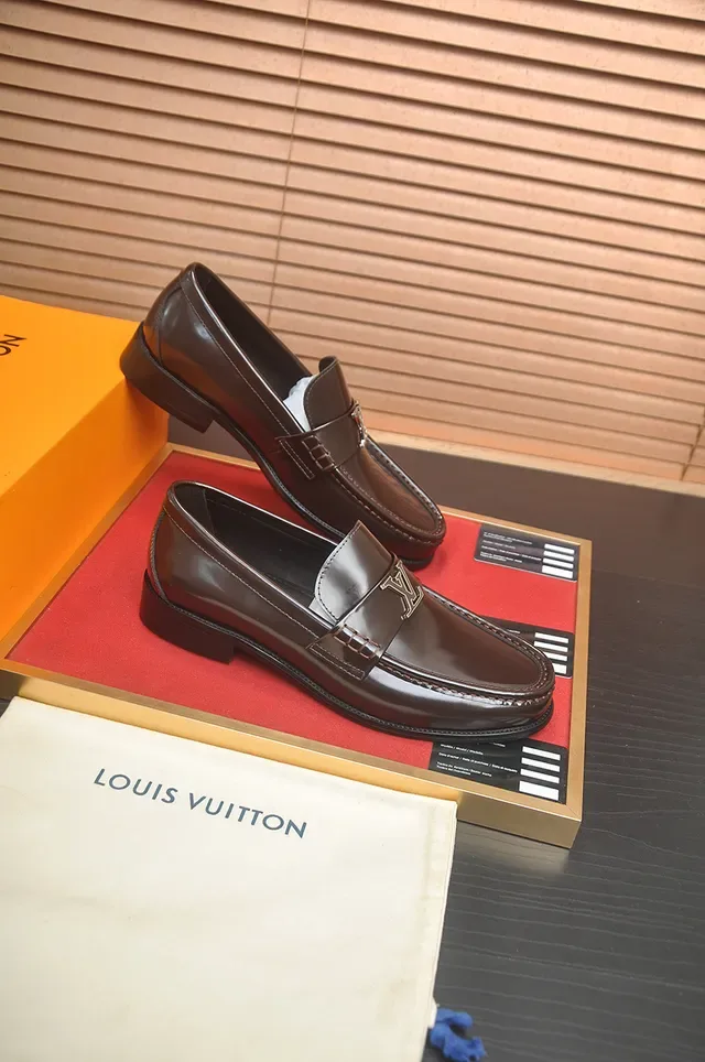 Louis Vuitton Loafer Brown Black Polished Leather Metal LV Buckle Strap Loafer 4