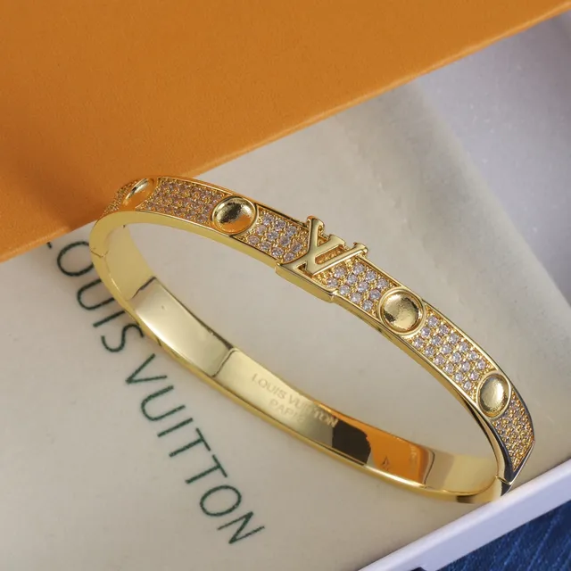 Louis Vuitton LV Bangle Gold Silver Pavé-Set Monogram-Centered Bracelet 2