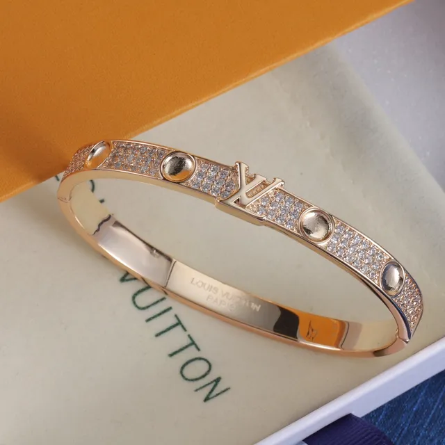 Louis Vuitton LV Bangle Gold Silver Pavé-Set Monogram-Centered Bracelet 4