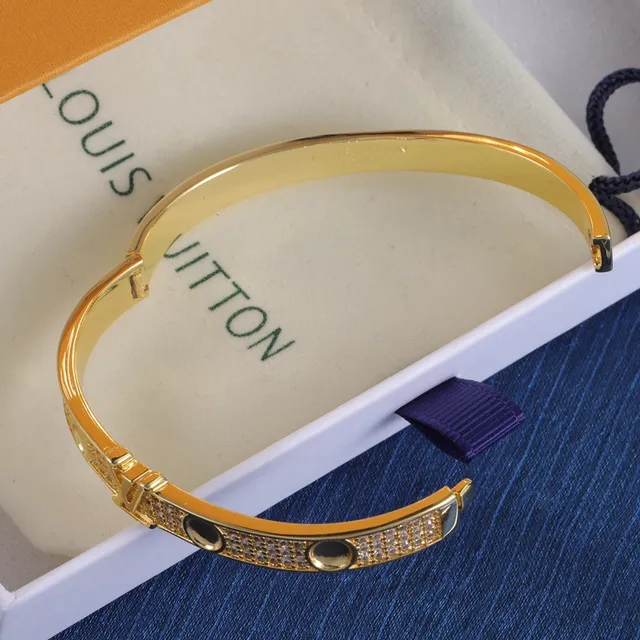 Louis Vuitton LV Bangle Gold Silver Pavé-Set Monogram-Centered Bracelet 5