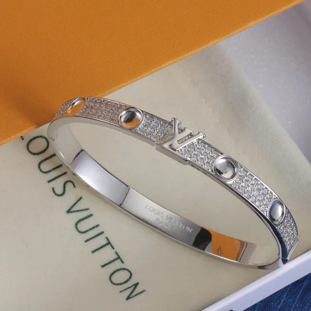 Louis Vuitton LV Bangle Gold Silver Pavé-Set Monogram-Centered Bracelet 6