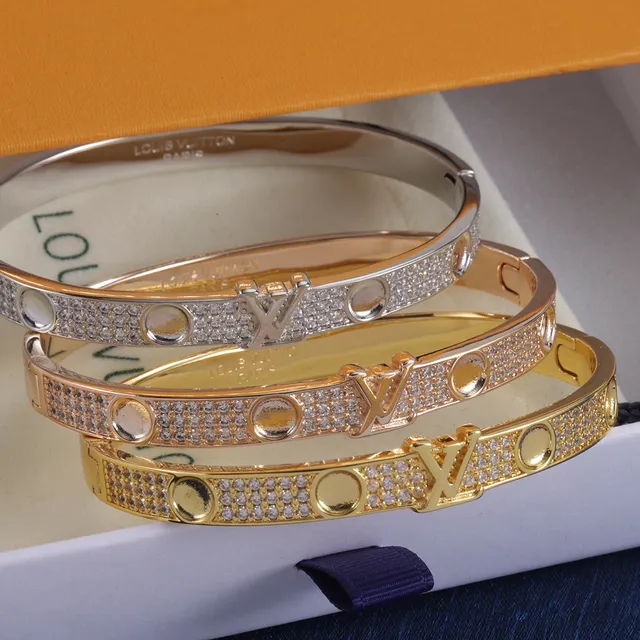 Louis Vuitton LV Bangle Gold Silver Pavé-Set Monogram-Centered Bracelet 7