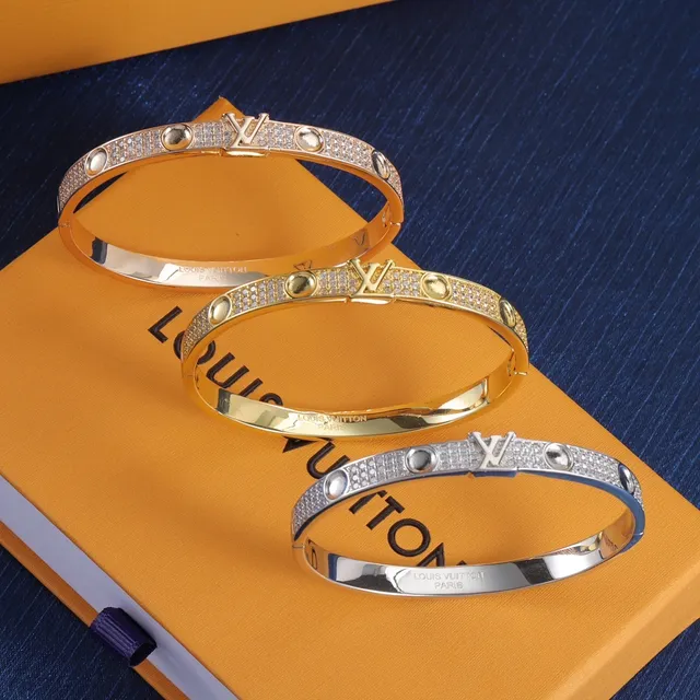 Louis Vuitton LV Bangle Gold Silver Pavé-Set Monogram-Centered Bracelet 8