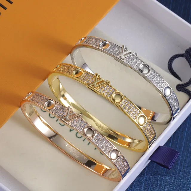 Louis Vuitton LV Bangle Gold Silver Pavé-Set Monogram-Centered Bracelet 9