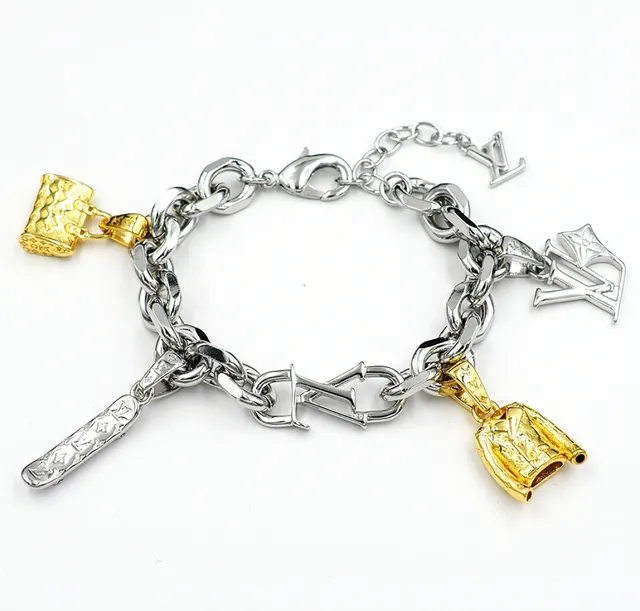 Louis Vuitton LV Charms Bracelet Silver Gold Chunky Curb-Link Chain Multi-Charm Pendant Design Bracelet 2