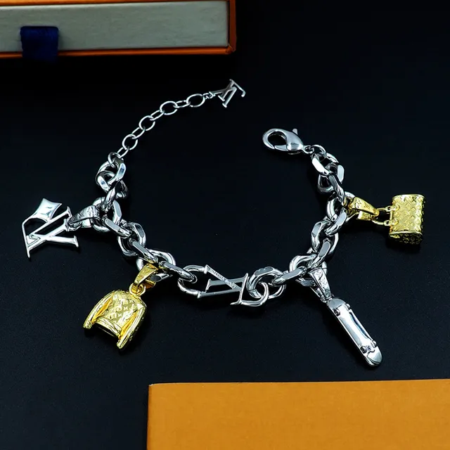 Louis Vuitton LV Charms Bracelet Silver Gold Chunky Curb-Link Chain Multi-Charm Pendant Design Bracelet 4