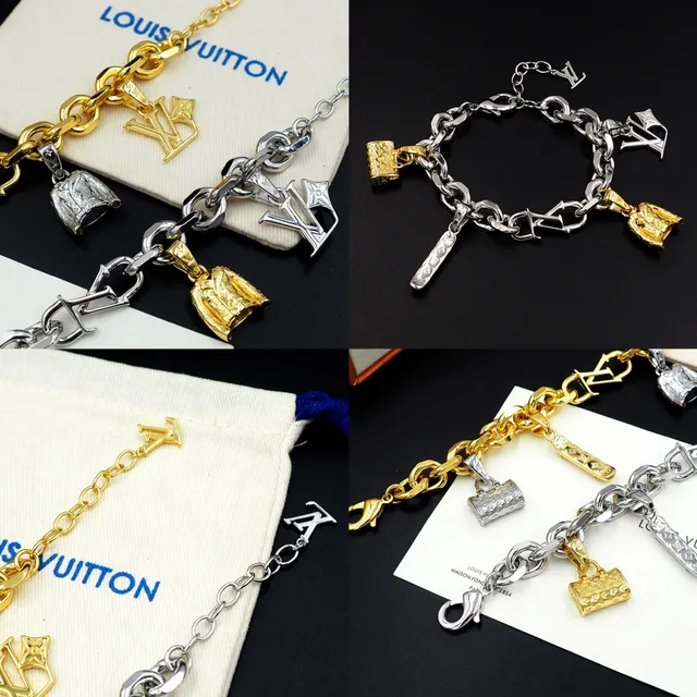 Louis Vuitton LV Charms Bracelet Silver Gold Chunky Curb-Link Chain Multi-Charm Pendant Design Bracelet 6