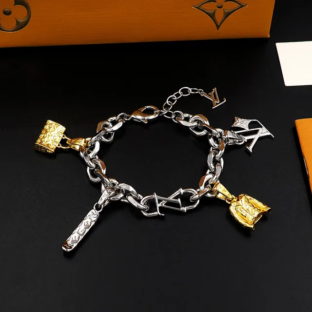 Louis Vuitton LV Charms Bracelet Silver Gold Chunky Curb-Link Chain Multi-Charm Pendant Design Bracelet 7
