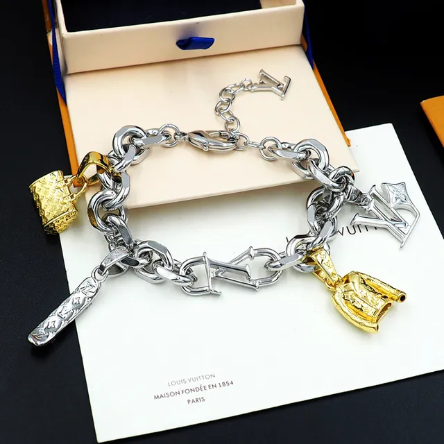 Louis Vuitton LV Charms Bracelet Silver Gold Chunky Curb-Link Chain Multi-Charm Pendant Design Bracelet 8