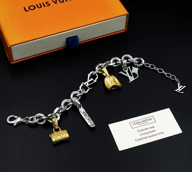 Louis Vuitton LV Charms Bracelet Silver Gold Chunky Curb-Link Chain Multi-Charm Pendant Design Bracelet 9