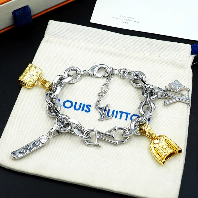 Louis Vuitton LV Charms Bracelet Silver Gold Chunky Curb-Link Chain Multi-Charm Pendant Design Bracelet 10