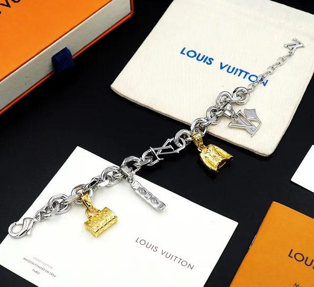 Louis Vuitton LV Charms Bracelet Silver Gold Chunky Curb-Link Chain Multi-Charm Pendant Design Bracelet 12