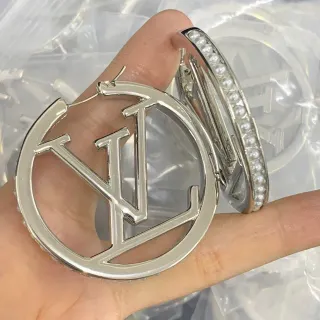 Louis Vuitton LV Hoop Silver White Large Monogram Cutout Earrings