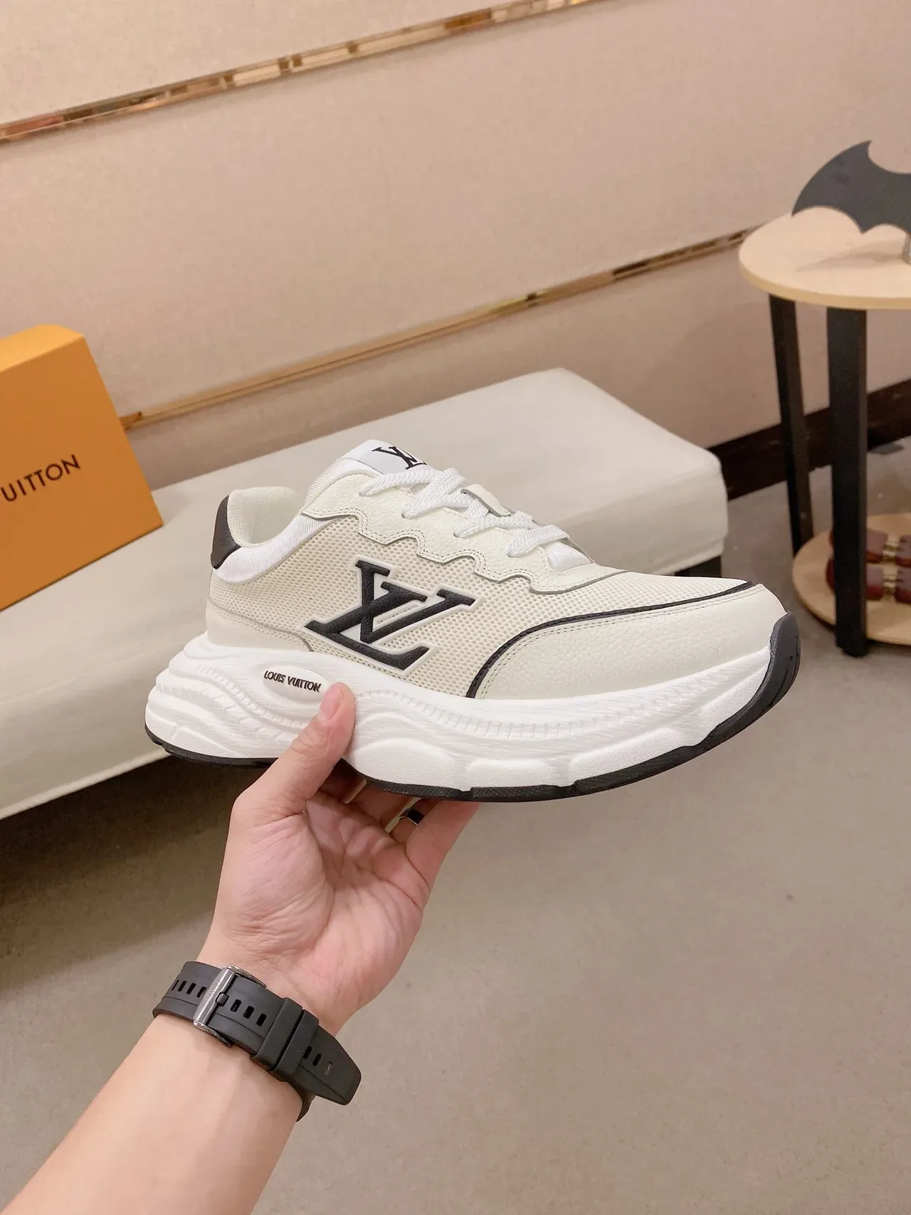 Louis Vuitton LV Trainer Beige Black Midsole Mesh And Leather Upper Chunky Sneakers 4
