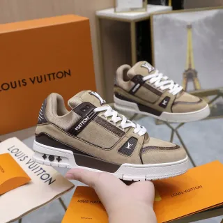 Louis Vuitton LV Trainer Beige Brown Layered Suede And Leather Monogrammed Side Panel Lifestyle Sneakers