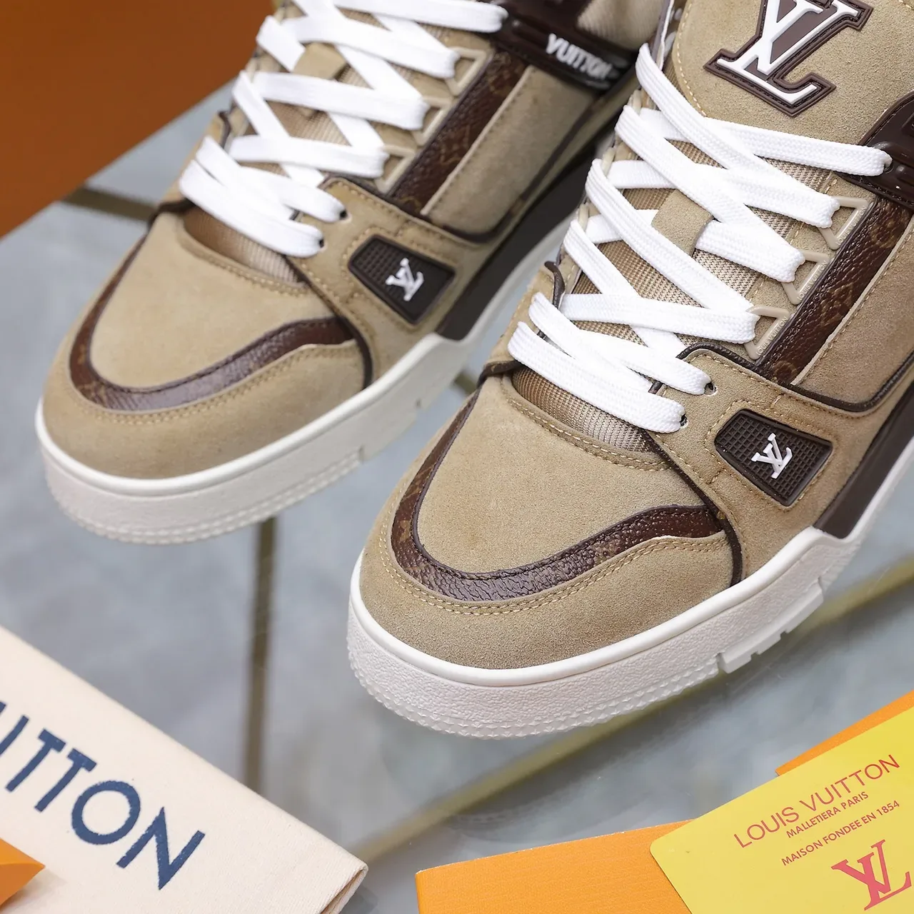 Louis Vuitton LV Trainer Beige Brown Layered Suede And Leather Monogrammed Side Panel Lifestyle Sneakers 2